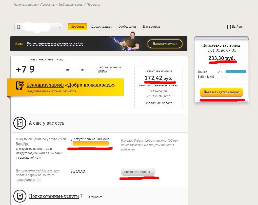 главная страница личного кабинета Билайн